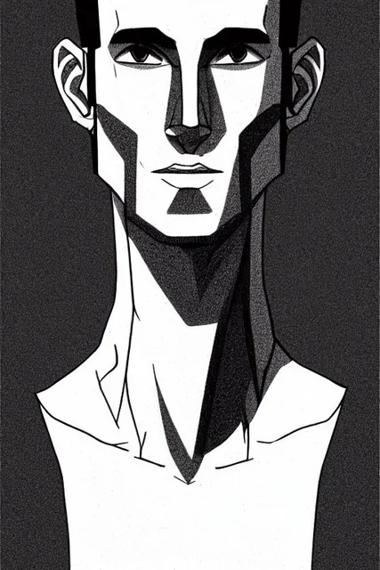 young man with long face, with clean shaven short beard, with dark hair, without hat, wit...