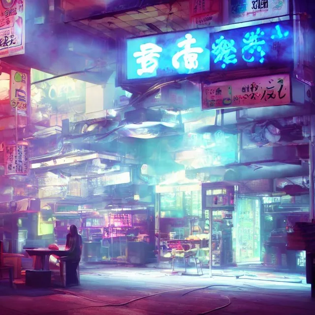futuristic tempura food, night, japanese, neon light, volumetric smoke, volumetric light,...