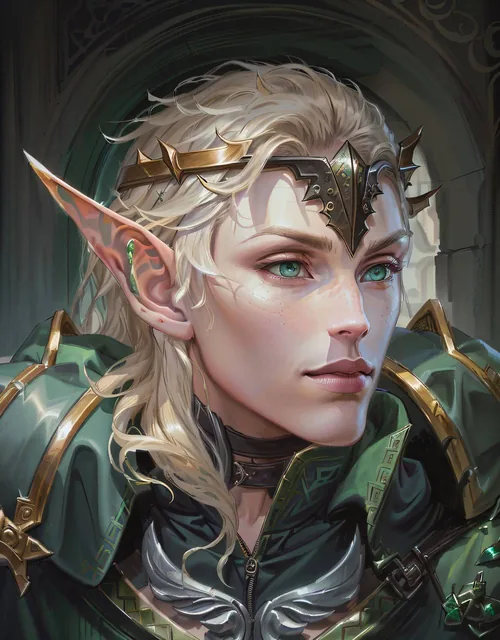 a close up of a person with green eyes and a sword, a portrait of a male elf, a portrait...