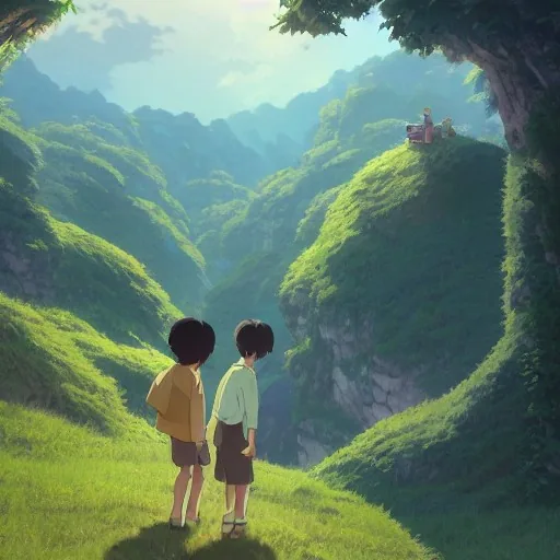 a highly detailed matte painting of a young boy and girl at the bottom of a huge hill by...