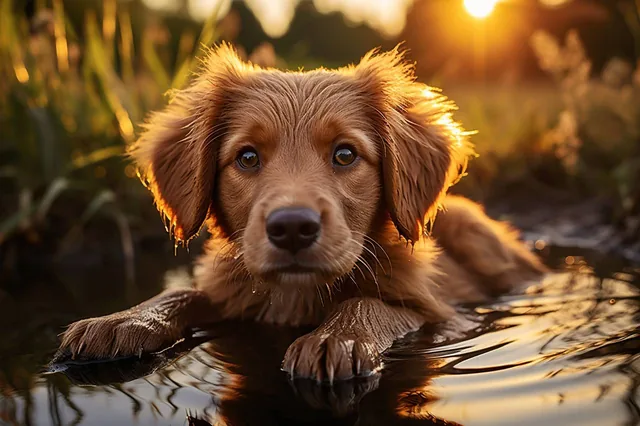 Cute dog, Breathtaking summer landscape scene. Close up, sun rays, reflections. Immerse y...