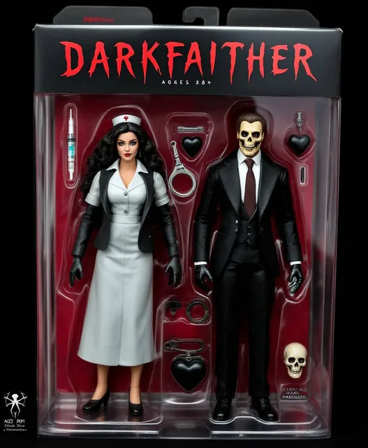 A stylized collectible action figure in a toy package labeled "DARKFAITHER" for ages 18+,...