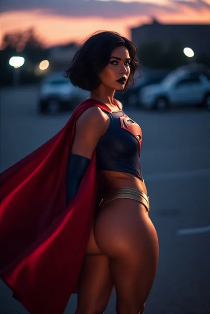 photo of supergirl in a supergirl costume with a red cape on her back, black hair, short...