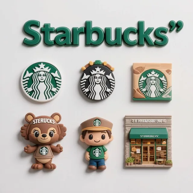 A clean top-down flat-lay of exactly 9 hyper-realistic 3D resin fridge magnets on a pure...