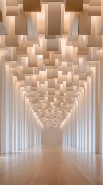 contemporary interior, fractal geometric minimalism, perspective vanishing point, repetit...