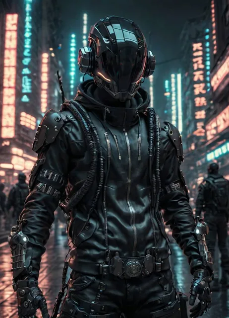 Masterpiece, full-body shot, intricate raw photography. Cyberpunk, realistic, highly deta...