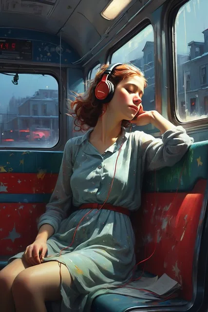 girl, headphones, sleeping, in bus, star map outside, in the style of Pino Daeni, outside...