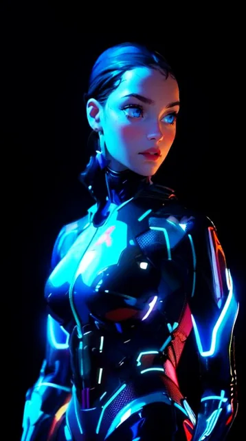 A female android in sleek and shiny armor, with illuminating elements, no helmet, laid-ba...