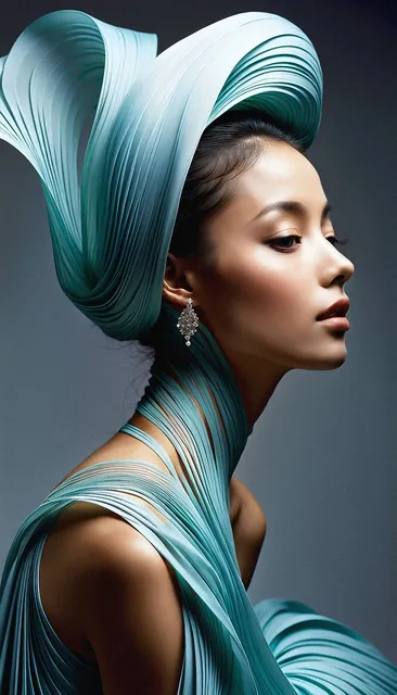an image of a person with a flowing, sculptural hairstyle and garment that echo the movem...