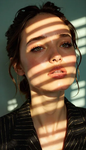 Close-up portrait of a woman illuminated by soft, warm afternoon light streaming through...