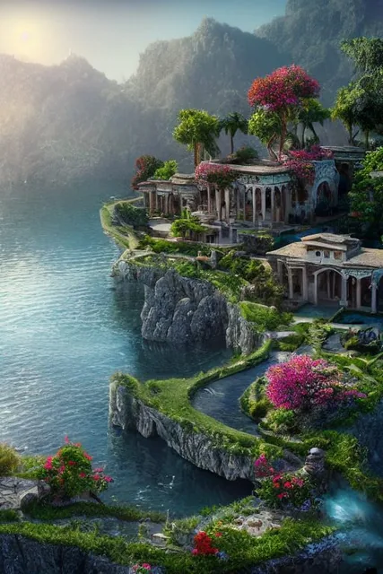 a big Persian Villa surrounded by water and nature, village, close view, volumetric light...