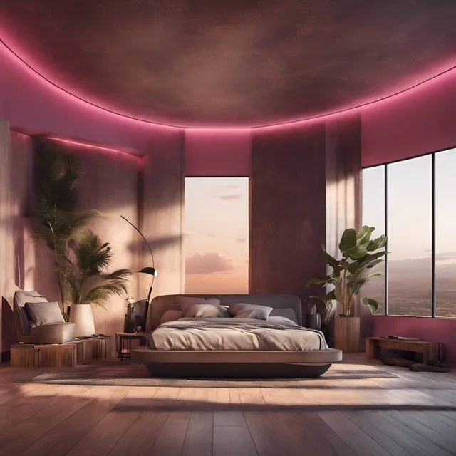 Photorealistic image of a interior design bedroom, large open space, light wood floor, dr...