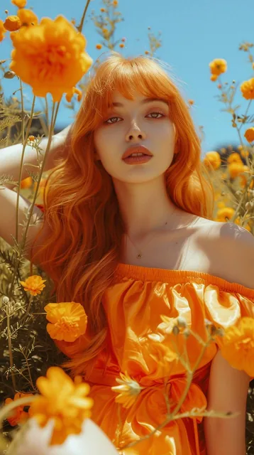 Kodak disposable photography of beautiful fashion model with orange dress, laying on oran...