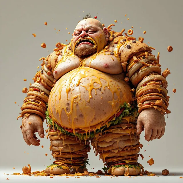 A highly detailed, grotesquely overweight humanoid figure made entirely of processed junk...