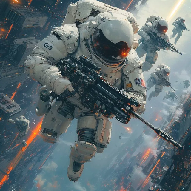 in space, futuristic epic sci-fi, wide angle, men and women soldiers space marines with m...