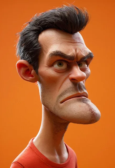 A caricature of a man with exaggerated features is set against a vibrant orange backdrop....