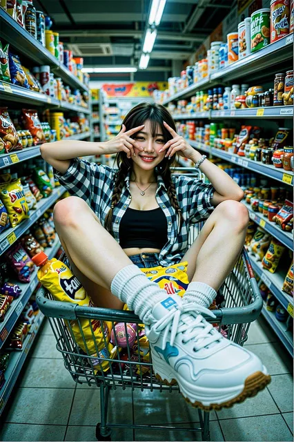 scene_description": "A playful, high-energy fisheye portrait of a stylish young woman sit...