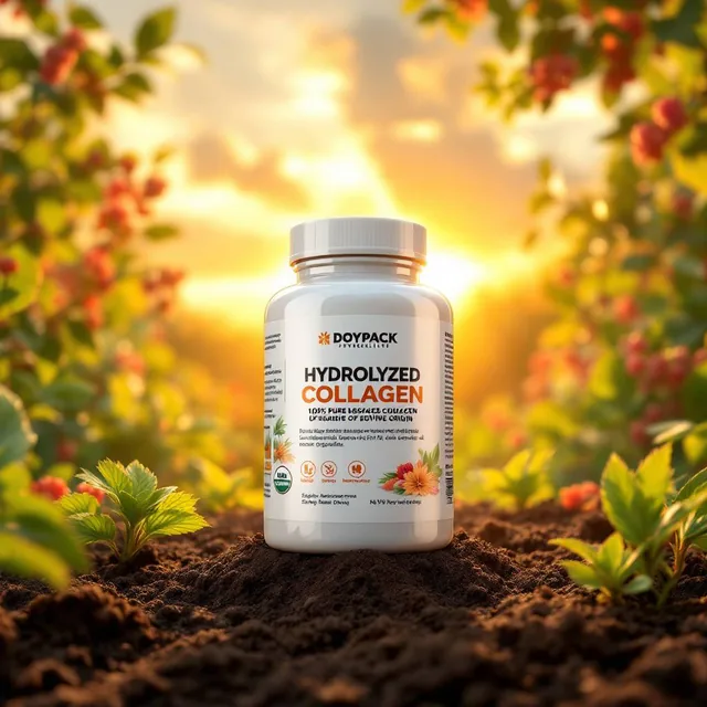 Create a hyperrealistic image of a 100% pure hydrolyzed collagen doypack with a vibrant p...