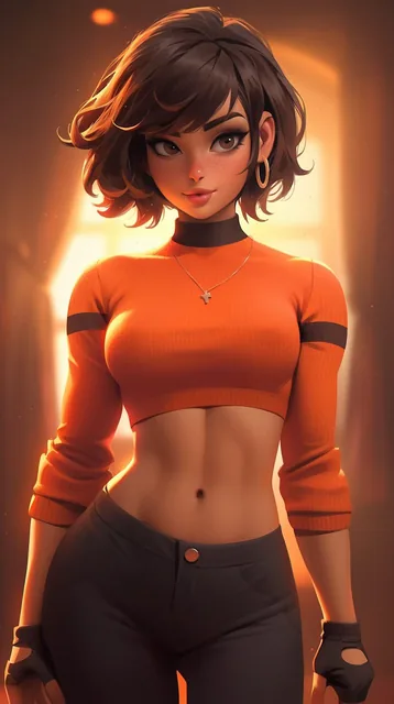 velma from scooby-doo, beautiful charismatic girl, showing piercing, athletic body, a wom...