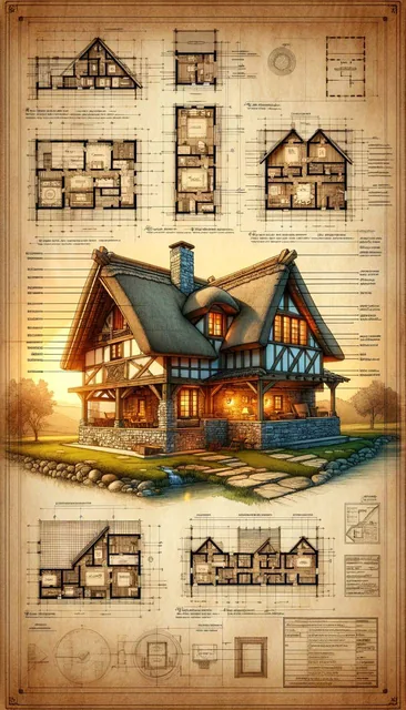 A digital architectural blueprint of a cozy, rustic cottage house, with comprehensive lab...