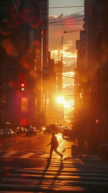 cinematic, evening cityscape with a pedestrian crossing a street, illuminated by the warm...