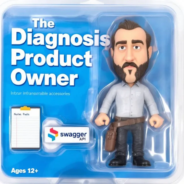 A stylized collectible action figure in a toy package labeled "Diagnosis Product Owner" f...