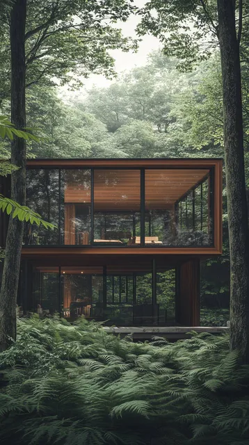 architectural photography, wide shot of a modern house embedded in a natural forest envir...