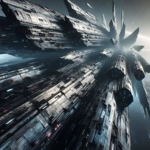 in space, futuristic epic sci-fi, wide angle, LV-426, Sci Fi , a huge battered and chippe...