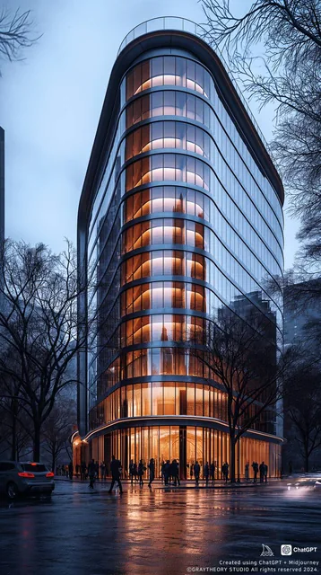 photorealistic, canon EOS 5d, minimalistic medium scale office building, curved, geometri...
