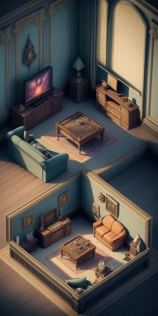 Isometric Fantasy Room ,mansion sofa，television， Realistic style, 4k, Aerial View, octane...