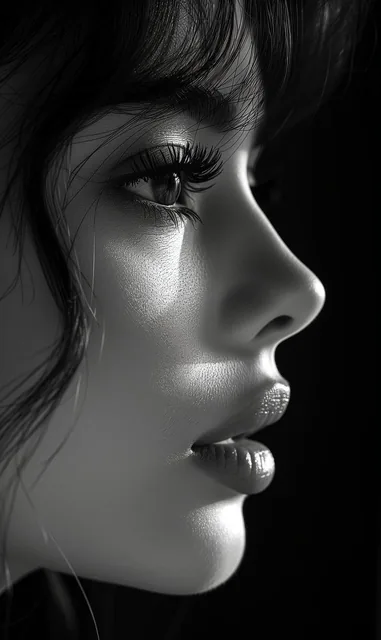 a black and white photo of a woman with shadow., in the style of minimalist beauty, light...