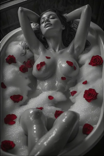 A sensual, black and white photograph of a woman reclining in a luxurious bathtub filled...