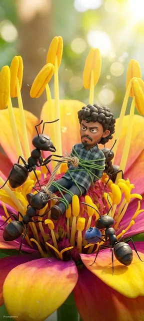 An animation of several ants working together to defeat a giant villain in a flower.