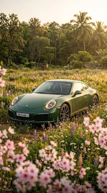 extremely low shot of a forest green porche 911 in a field of flowers, add sakura petals...