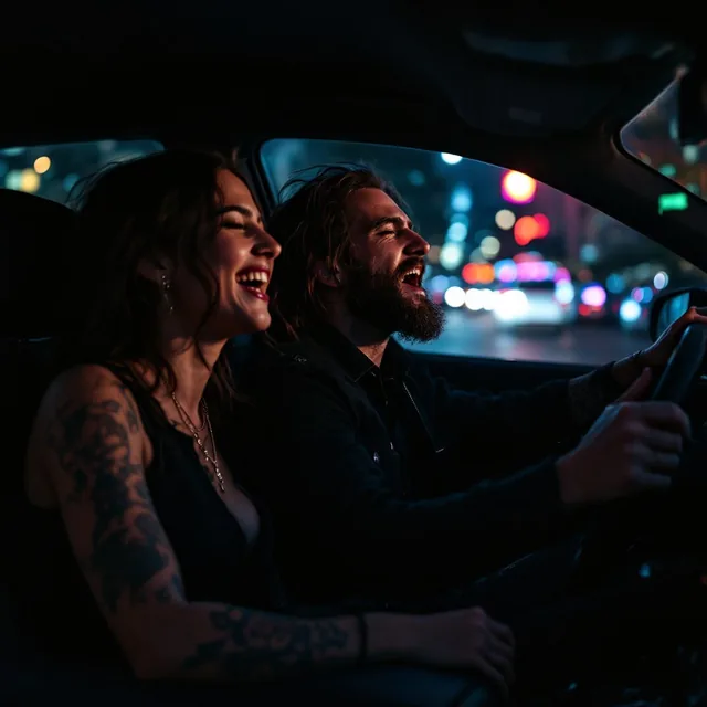 A 25-year-old woman and a 40-year-old man, both dressed in dark, edgy fashion with altern...