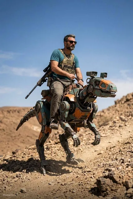 A lone desert scout riding a robotic reptile-like pack mount up a rocky slope under a wid...