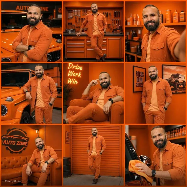 A collage of 9 editorial-style photos with an orange color theme. The background, all obj...