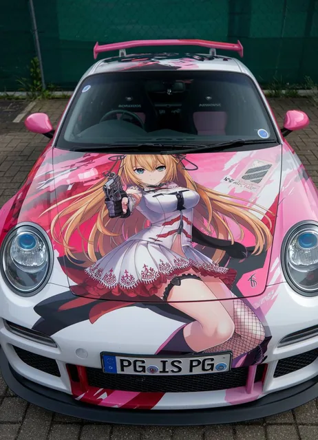 A car with a vibrant and colorful realistic stunning and gorgeous allu**ng anime-themed w...
