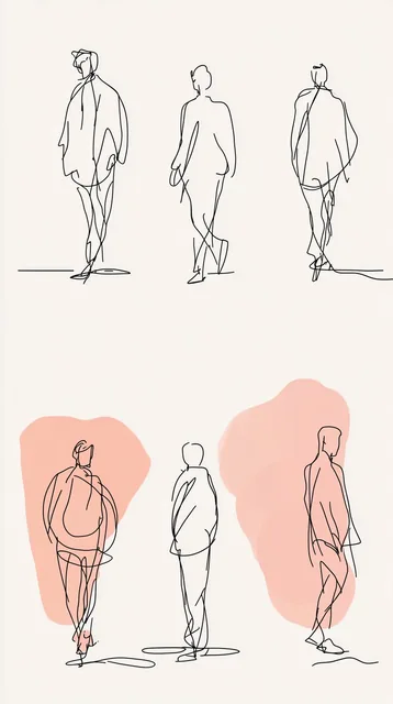 minimalist line drawing, 6 spread sheet, simple human figures silhouettes, architectural...