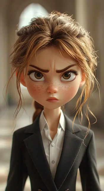 a young girl in a business suit with a very angry expression, in the style of unreal engi...