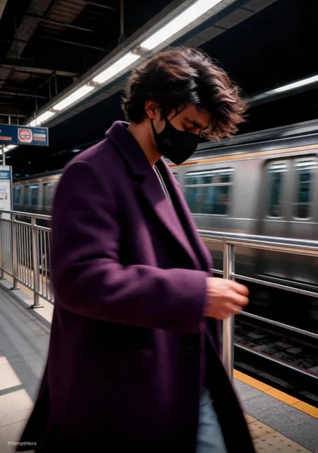 fashion editorial photography, motion blur, male model, wearing an wool coat, deep purple...