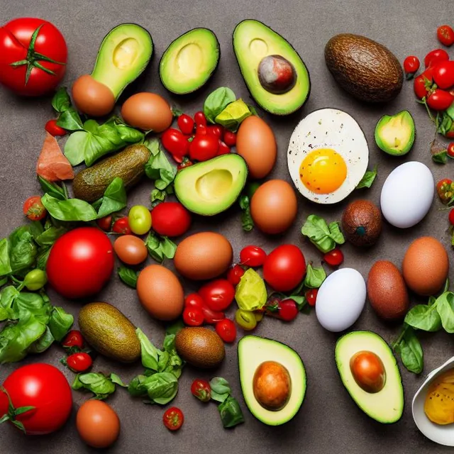 very healthy food plate with avocados, tomatoes, eggs and other healthy food, 8 k resolut...