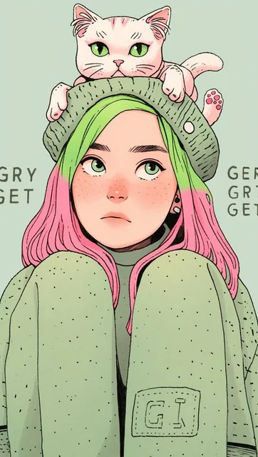 An illustration of a quirky girl with pink hair, in the style of Flat shading, Gemma Corr...
