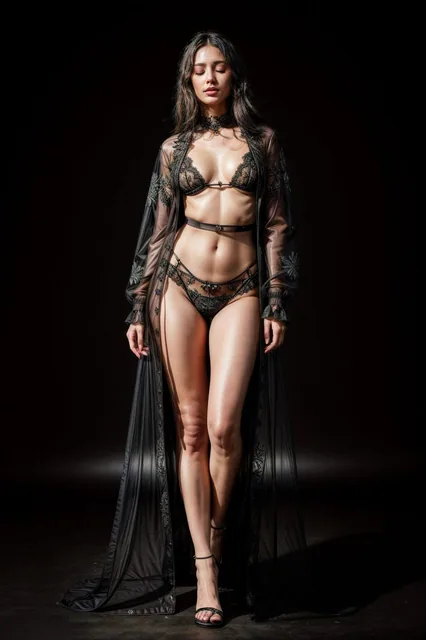 beautiful woman, black transparent coat, full body shot, eyes closed, proffesional photos...