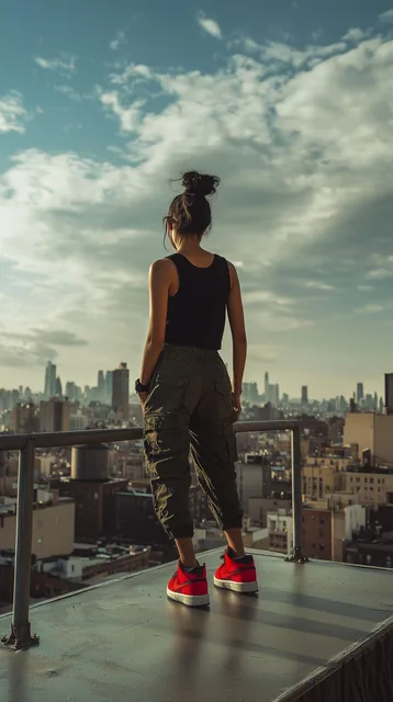 photograph of a woman expressing freedom, rear view, full body, building rooftop at safet...