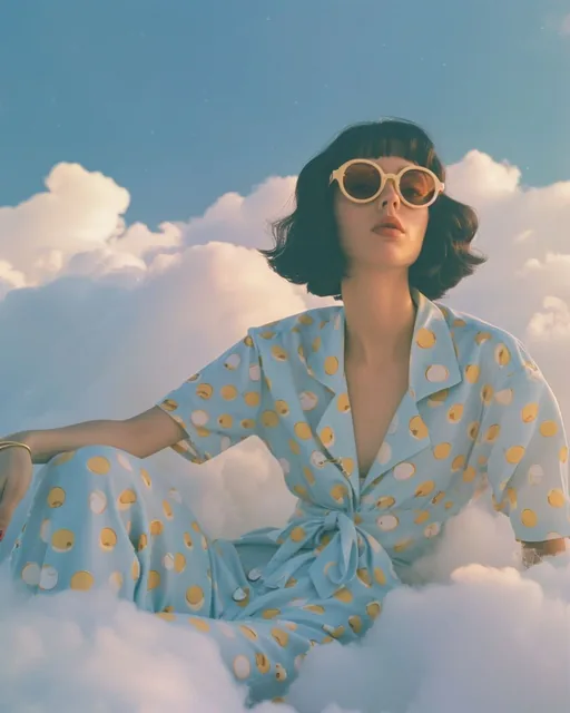 A photo of an eccentric woman sitting on top of white fluffy clouds wearing big sunglasse...