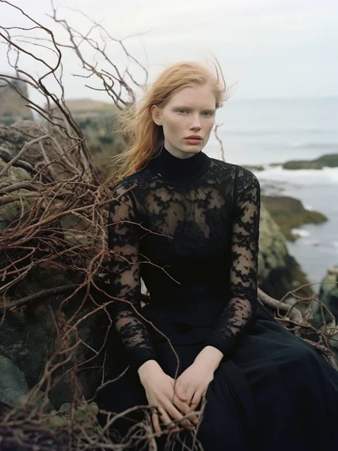 a woman sitting on top of a rock next to the ocean, black turtleneck lace dress, lara sto...