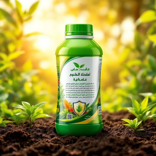 Bottle of agricultural pesticide, vibrant promotional image. Green-capped bottle of organ...