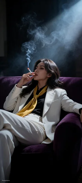 snapshot, dimly lit room with a hazy atmosphere, capturing a female model lounging on a d...