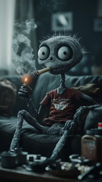 Gray, skeletal cartoon character, sitting on a dark couch, smoking a cigar, with smoke ri...